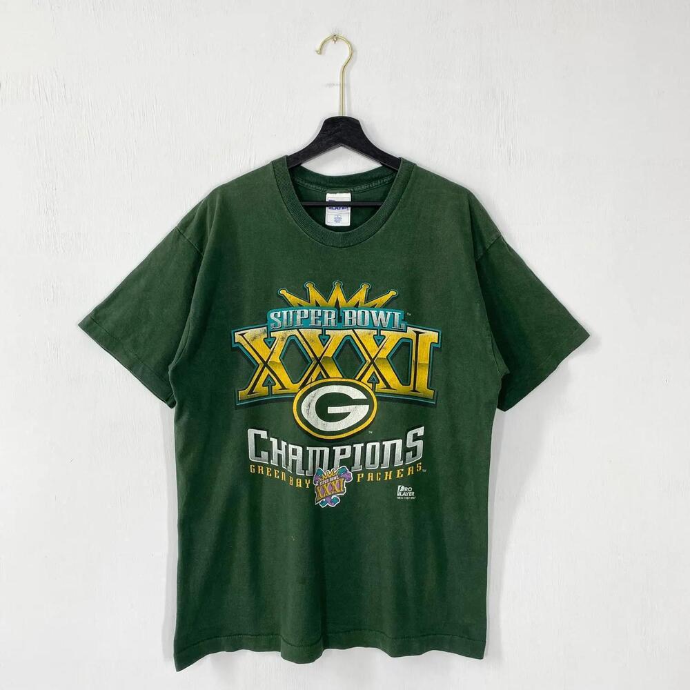 90s Green Bay Packers Super Bowl NFL Pro Player Single Stitch Print Green L Tee